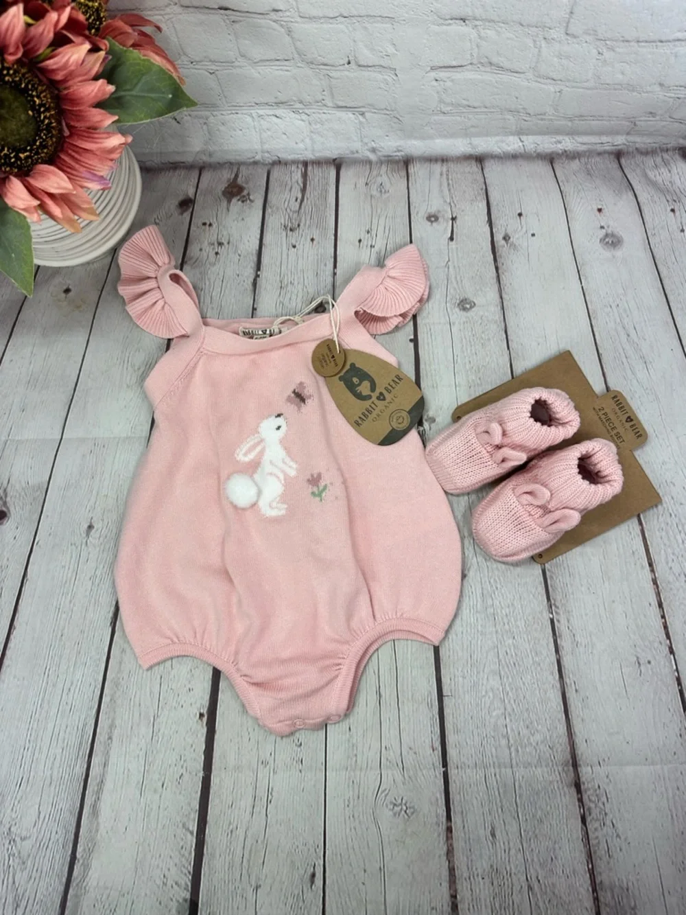 NWT rabbit + bear Knit One-Piece romper Ruffle Straps bunny booties coquette